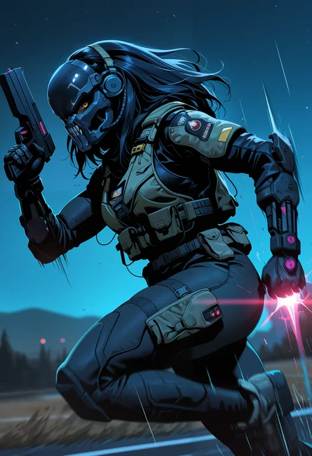 masterpiece, best quality, good quality, very aesthetic, absurdres, newest, 8K, depth of field, focused subject, side view, from side, solo, 1girl, focused face, angry face, combat solider, open predator inspired mask, nightstalker, holding futuristic gun in hand, running, looking at viewer, outdoors, clear night sky, neon nightvision, secret mission, motion lines, motion blur