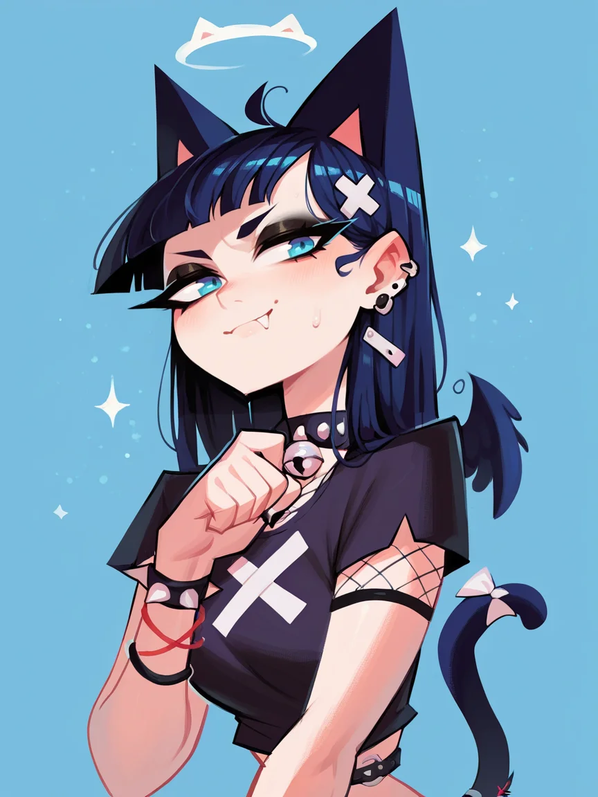 score_9, score_8_up, score_7_up, score_6_up, score_5_up, <lora:4nd43rzXLP:0.8> 4nd43rz, 1girl, cat ears, cat tail, goth, blue background