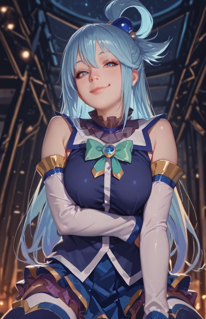 very detailed, flat color, no lineart, Vibrant Contrast, gradient colors, particle effect, (fine fabric emphasis:1.2), (((masterpiece, amazing quality, best quality, ultra-detailed, 8K, illustration, amazing quality, newest, absurdres, realistic))), highres, very aesthetic, absurd res, hi res, very awa, dynamic angle, refined, volumetric lighting, cinematic lighting, blurry background, close up vivid colors, ((source_realistic:1.6)), hyper detailed, (dynamic pose:1.4), depth of field, photorealistic colors,  

1girl, Aqua(/Konosuba)/,(ultra HD quality details), pale skin, blue eyes, blue hair, long hair, hair ornament, hair rings, single hair ring
blue footwear, blue thighhighs, boots, detached sleeves, thigh boots, thighhighs, white thighhighs, thighhighs, bare shoulders, blue skirt, blue shirt, green bow,
 Low Angle View, smug smiling, darkness, blushed skin, galaxy vortex, translucent hair, smug Smile,
