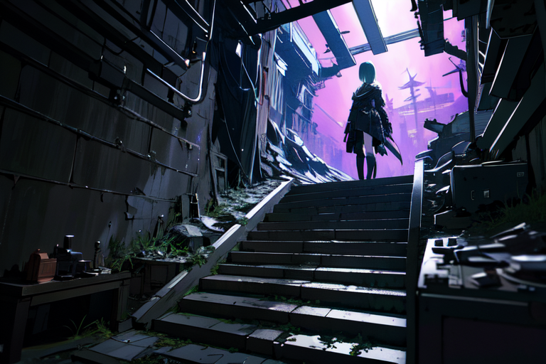 highly insanely detailed, masterpiece, top quality, best quality, highres, 4k, 8k, RAW photo, (very aesthetic, beautiful and aesthetic),  
tsutomu nihei,nihei_tsutomu,blame!,blame gakuen!,abara,TNstyle,sidonia_no_kishi,(tower,stairs,city ruins,lab,tunnel),empty,blm,futuristic,open space,flock,science fiction,vast scenery,perspective, 
<lora:ABARA:0>, 
(1girl:1.3), 
solo focus, 
shadow purple background,âââ