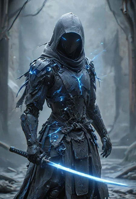 Nightblade, weapons, sword, swords, hood, armor, holding, holding two swords, assassin, multiple boys, (dual wielding), belt, holding weapon, glowing, at night, dynamic, action pose, fighting, the image is a digital painting in a dark, mystical fantasy style, depicting a dramatic scene set in a dimly lit, eerie environment. The central figure is a warrior, clad in dark, rugged armor with a hooded cloak, wearing a helmet that obscures their face. The armor is a mix of dark brown and grey tones with intricate, metallic details. The warrior wields a glowing, ethereal sword with a vibrant blue, energy-like blue aura, suggesting magical properties, fighting, inside destroyed building, bricks, stones, moving fast, quick, jumping, running,,noface cyborg katana Cyborg Samurai ais-olde