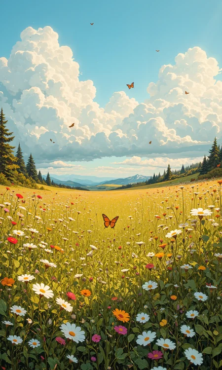A serene meadow adorned with a variety of wildflowers blooms in vibrant colors under the golden sunlight of late afternoon. Wispy clouds float overhead, casting delicate shadows on the meadow. A gentle breeze rustles the tall grasses, while a few butterflies flit about, adding a touch of whimsy. In the distance, a hint of a mountain range shimmers under the atmospheric haze. The scene is rendered with intricate detail and texture, capturing the essence of natural beauty and tranquility. Enhanced with 8k resolution and masterpiece quality, this landscape exudes a sense of peace and timelessness, inviting the viewer to bask in the pastoral bliss. <lora:CPA:0.7> <lora:FluxMythAn1meL1nes:0.6> <lora:MoriiMee_Gothic_Niji_Style_FLUX:1.0> <lora:FLUX-daubrez-DB4RZ:0.4> <lora:flux_dev:1>