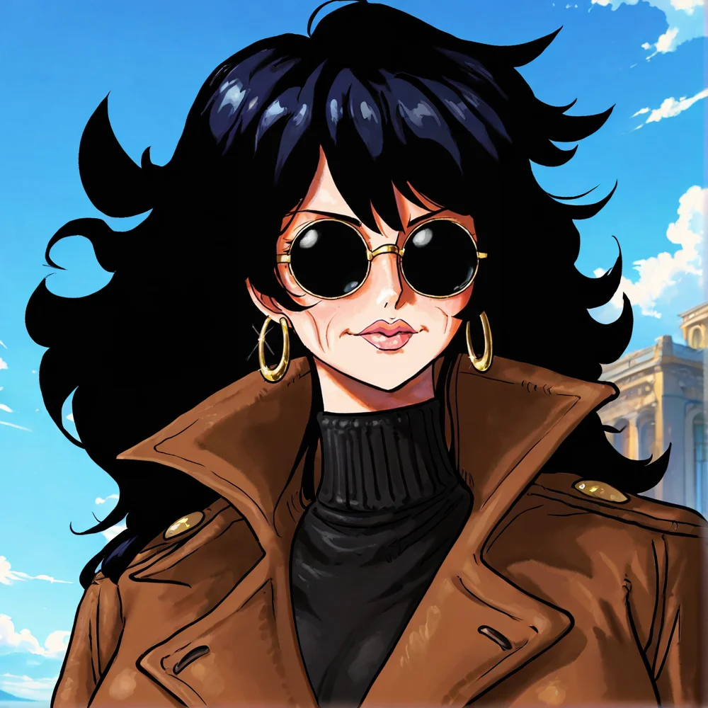 <lora:illustriousXLv01_stabilizer_v1.165c:0.5>, <lora:LBG_Style_for_IL_2.0:1> , lazympos, portrait, 1girl, solo, female focus, mature female, [[wrinkled skin]], black hair, sunglasses, ((round glasses)), hoop earrings, gold earrings, black turtleneck, sky background, clouds, brown overcoat, pointy lapels, dark blue hair