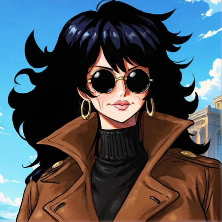 <lora:illustriousXLv01_stabilizer_v1.165c:0.5>, <lora:LBG_Style_for_IL_2.0:1> , lazympos, portrait, 1girl, solo, female focus, mature female, [[wrinkled skin]], black hair, sunglasses, ((round glasses)), hoop earrings, gold earrings, black turtleneck, sky background, clouds, brown overcoat, pointy lapels, dark blue hair