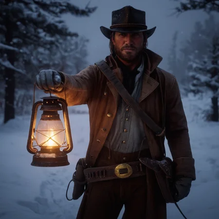 cinematic film still of cinematic film still of  <lora:Red Dead Redemption style:1>
a man holding a lantern in the snow,solo,gloves,1boy,hat,holding,male focus,outdoors,belt,signature,tree,coat,night,facial hair,fire,beard,snow,lantern,snowing,winter,holding lantern , epic, Western, adventures, outlaw, Red Dead, Western United States, wild west, cowboy, Open world, 1900's, realistic, cinematic, film look, dramatic light, partially covered in shadows, gang, Western-themed action-adventure, Red Dead Redemption style, shallow depth of field, vignette, highly detailed, high budget, bokeh, cinemascope, moody, epic, gorgeous, film grain, grainy