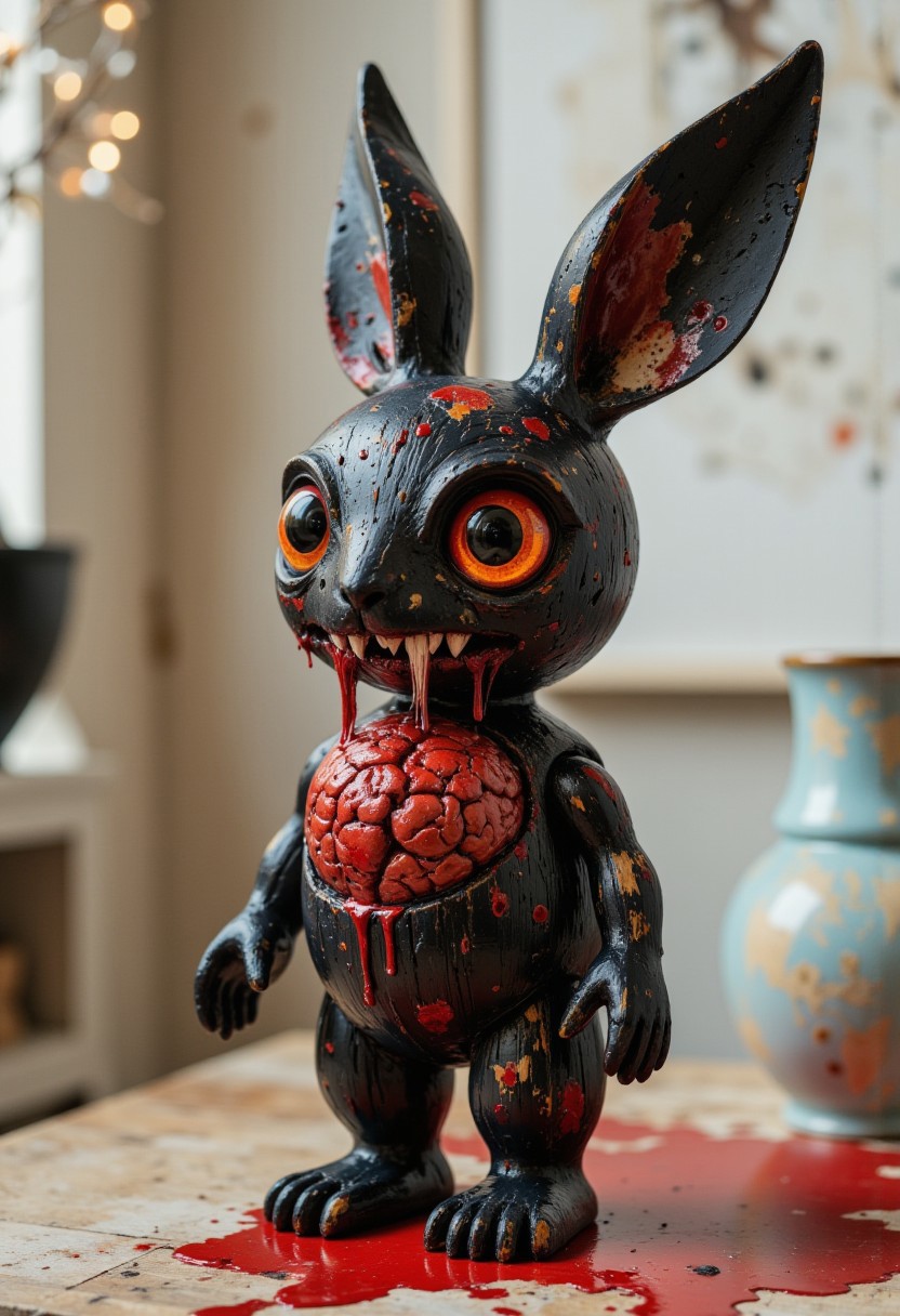 A high-quality, body shot close-up photograph of a ck-owct style hand-painted wooden Christmas toy featuring a skinny one-arm cute little black zombie rabbit with a ripped ear, long teeth and eating a human brain flowing with blood.