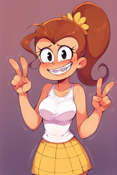 score_9, score_8_up, score_7_up, score_6_up, score_5_up, source_cartoon, source_explicit, (Cartoon:1.0),
BREAK
<lora:Luanloudxl-04:1>, Luan Loud, 1girl, solo, long hair, smile, skirt, looking at viewer, brown hair, yellow skirt, white shirt, room, shirt, hair ornament, bare shoulders, white shirt, ponytail, flower, teeth, medium breasts, black eyes, v,  high ponytail, clenched hands, alternate breast size, emphasis lines,
 <lora:Cinnabus_Style__Pony_XL:1>