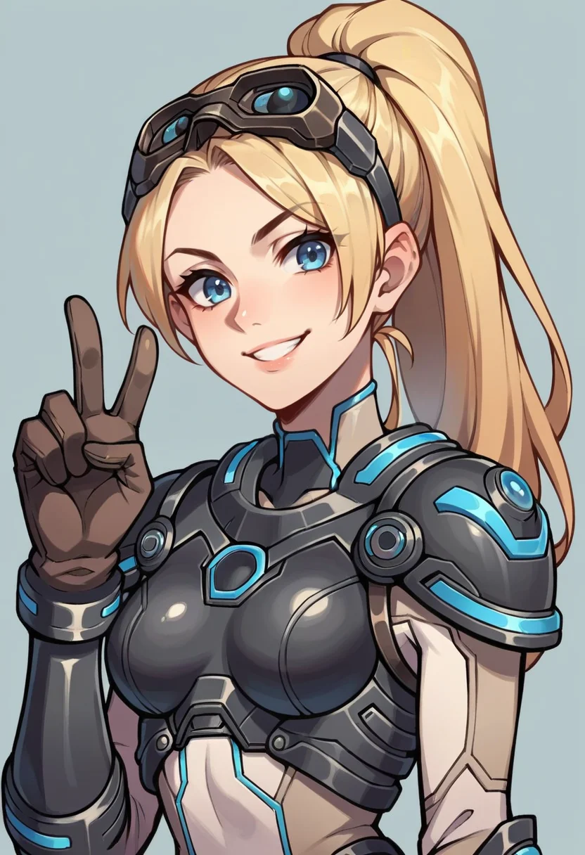 score_9, score_8_up, score_7_up, score_6_up, score_5_up, score_4_up, 1girl, <lora:WidowmakerNova:0.7> solo, medium breasts, ponytail, blonde hair, long hair, blue eyes, bodysuit, armor, goggles, goggles on head, gloves, smile, v sign, upper body,
light blue background, simple background,