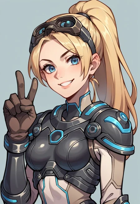 score_9, score_8_up, score_7_up, score_6_up, score_5_up, score_4_up, 1girl, <lora:WidowmakerNova:0.7> solo, medium breasts, ponytail, blonde hair, long hair, blue eyes, bodysuit, armor, goggles, goggles on head, gloves, smile, v sign, upper body,
light blue background, simple background,