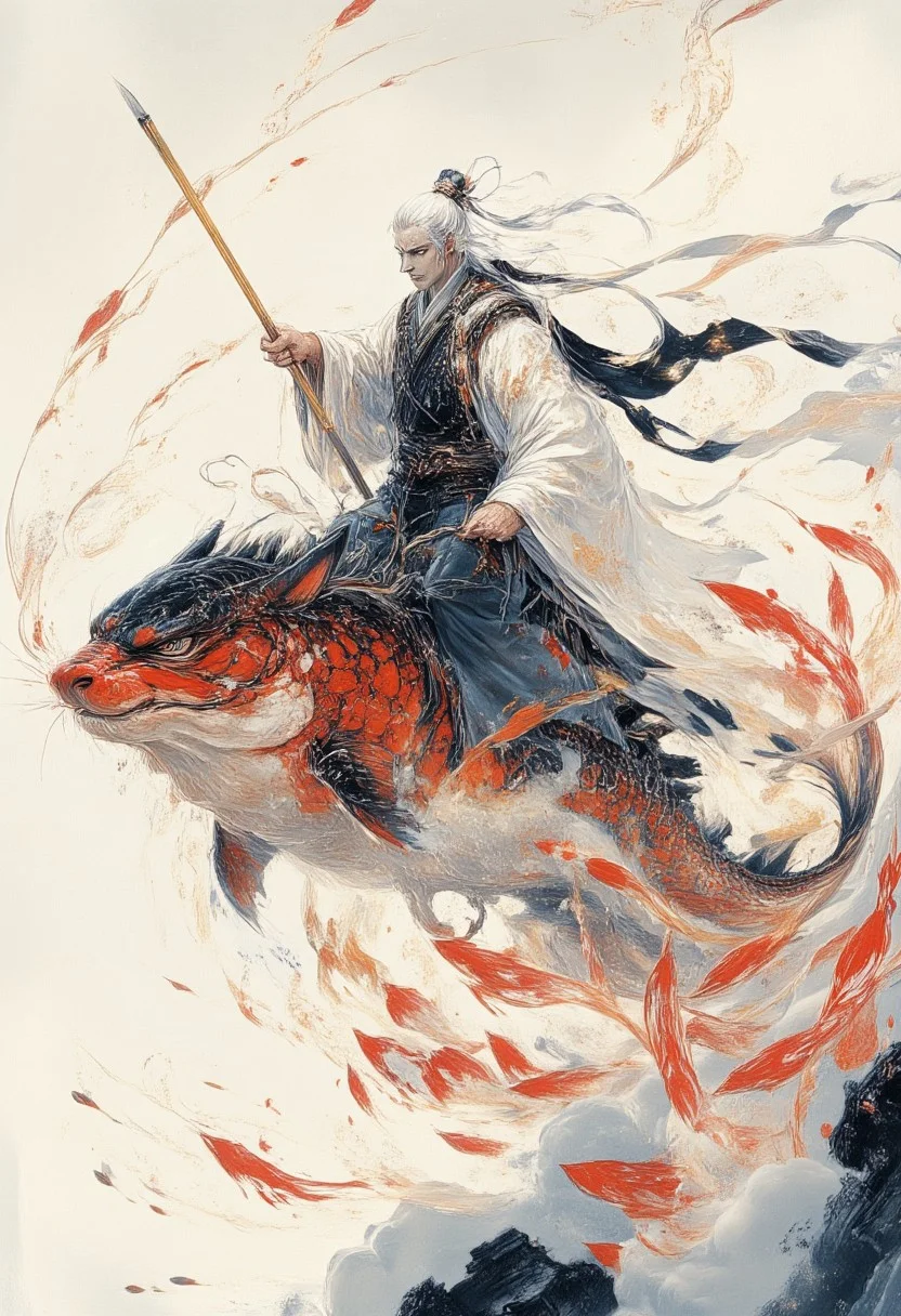 A man in Hanfu rides on the head of a koi, holding a golden spear, and many koi follow behind the koi's tail, ancient Chinese rice paper scroll, ancient Chinese simple painting, blank view, yarn material, artistic conception ink painting, Buddhist artistic conception, song dynasty, minimum color gamut, layering, soft light. The composition is layered with soft lighting, deep focus, and edge blur, creating a cinematic, grand design that fuses water-like fluidity and artistic mastery.