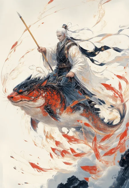 A man in Hanfu rides on the head of a koi, holding a golden spear, and many koi follow behind the koi's tail, ancient Chinese rice paper scroll, ancient Chinese simple painting, blank view, yarn material, artistic conception ink painting, Buddhist artistic conception, song dynasty, minimum color gamut, layering, soft light. The composition is layered with soft lighting, deep focus, and edge blur, creating a cinematic, grand design that fuses water-like fluidity and artistic mastery.