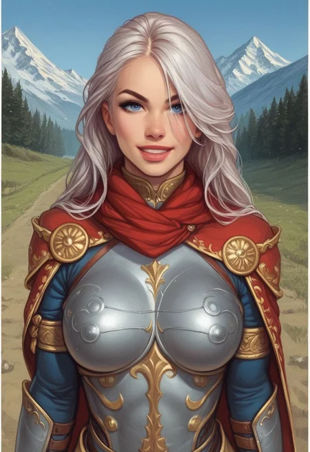 1girl, ((front view))), illustration, looking at viewer, highly detailed, from front, 1girl, illustration, looking at viewer, highly detailed, skinny, looking at viewer, 1girl, masterpiece, best quality,
raw, movie poster, masterpiece, extremely detailed, hyperrealism, photo, perfect anatomy, magnificent young warrior princess, full body, dramatic lighting, shadow play, romantic, heroism, epic, determination, proud, eternal beauty, detailed face, very long hair, very dark brown hair, beautiful blue eyes, battlefield background, massive plate armor, masculine body, muscular, heavy arms armor, red cape, fur collar, sword, BREAK
slight smile, looking at viewer, fur coat, dynamic pose,
BREAK
long hair, silver hair, hair over one eye, blue eye, big hair, dynamic pose
BREAK
best quality, depth of field, bokeh, (((full clothed))), ((ready to fight, holdind big sword in hands, big two-handed sword in hands)), highlander
BREAK
(((((snow, stones, mountains))))) score_9, score_8_up, score_7_up, score_6_up, source_cartoon, rating_explicit, Expressiveh, (((((upper body))))), dynamic pose