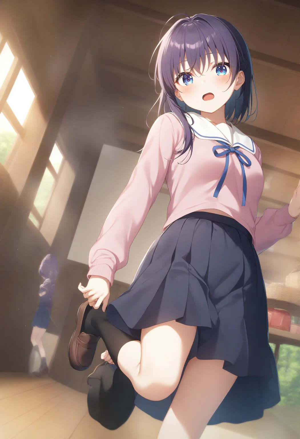 1girl,sincos, ningen mame, toosaka asagi,solo,medium breasts,school uniform,
adjusting footwear,adjusting clothes,putting on shoes,shoes,<lora:adjustingfootwear_XL_v1:0.8>
ceiling, wide shot, looking at viewer, purple hair, silver eyes,envy, farm, open mouth, bob cut hair,,
best quality, very aesthetic, absurdres