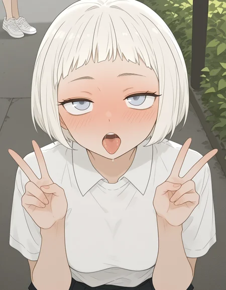 White hair,short hair,short bangs,gray blue eyes,petite body,Pubic hair,medium chest,Short girl,white shirt,Black pleated skirt,white sneakers,1girl,solo,open mouth, blush,tongue, tongue out, saliva,(full face blush)
upper body,sunny outdoors,double v,, masterpiece, best quality,