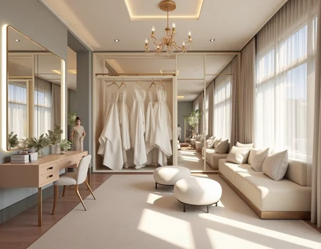 <lora:JJsBridalStore_Flux:1> ((bridal store)) , ((best quality)),((masterpiece)),((realistic)),indoors, mirror, reflection, chair, sofa, curtain, table, photorealistic, authentic, indoor scenery, highly detailed, ceiling light, cloth, glass, sky, center composition,