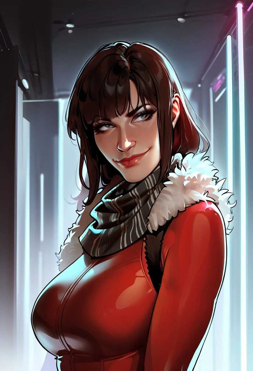 (score_9,score_8_up,score_7_up,score_6_up,score_5_up,score_4_up), foxy eyes, long black hair, dark makeup, bangs, ally sunstone, smirk, lips closed, lipstick, gray eyes, red bodysuit, ((sleeveless bodysuit)), turtleneck bodysuit, (fluffy black scarf), black fur scarf, big scarf, fluffy scarf, big scarf, sexy, partially illuminated, mature female, boobs exposed, big boobs, dark office background, neon lights, upper body, Expressiveh