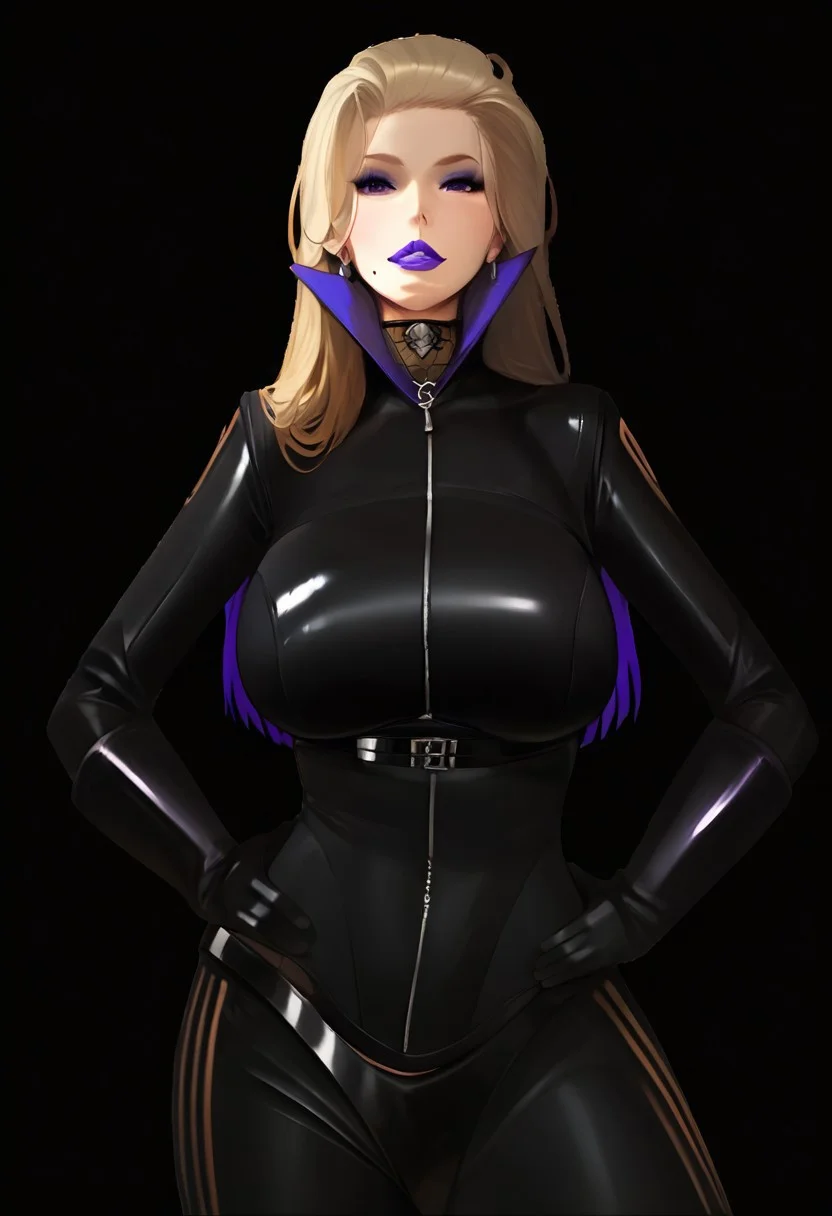 score_9, score_8_up, score_7_up, best quality, clean outlines, negative_hand, ng_deepnegative_v1_75t, easynegative,
Karen, 1girl, hands on own hips, black background, zipper, looking at viewer, simple background, purple eyes, bodysuit