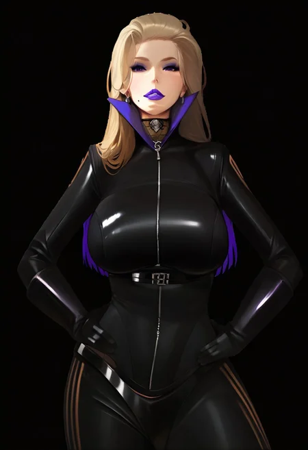 score_9, score_8_up, score_7_up, best quality, clean outlines, negative_hand, ng_deepnegative_v1_75t, easynegative,
Karen, 1girl, hands on own hips, black background, zipper, looking at viewer, simple background, purple eyes, bodysuit