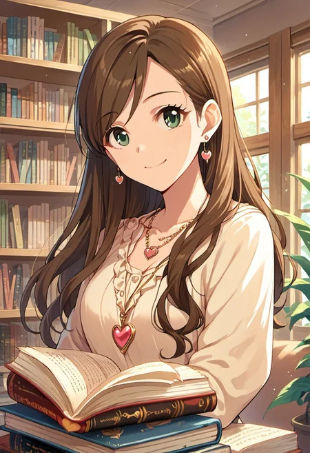 score_9, score_8_up, score_7_up, source_anime, etou misaki, brown hair, long hair, green eyes, 1girl, jewelry, book, earrings, solo, necklace, heart, bookshelf, window, plant, smile, heart necklace