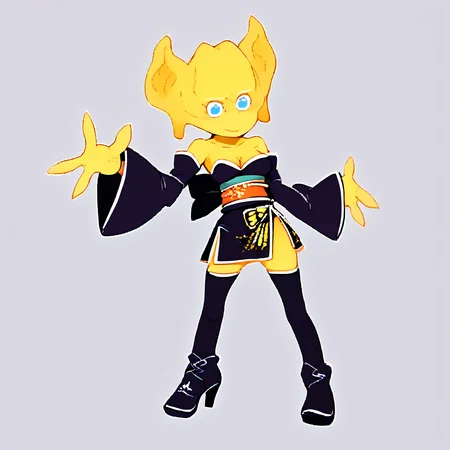 <lora:freddiefreaker:1.29> monster, yellow body, <lora:AyaneOutfitNew:1> ayaneoutfit, thighhighs, bare shoulders, cleavage, sash, obi, zettai ryouiki, strapless dress, high heels, ankle boots, strapless, boots, tube dress, detached sleeves, long sleeves, side slit, butterfly print, short dress, <lora:88:1.2>