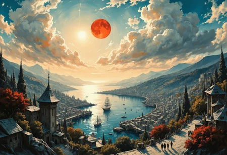 An ocean bay harbor city, small seaside gray slat siding houses and shops, small trees, figures walking from place to place. Rolling hills on the horizon. A calm sea bay with docks and masted ships. The sun is bright and low in the sky. Epic clouds frame the sky and give an epic feeling to the scene. A red moon. Dramatic lighting on the features of the landscape. G0thicL1nes