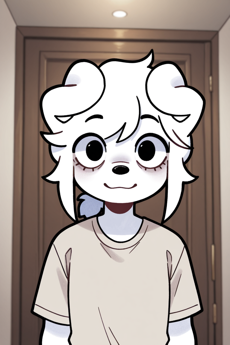 masterpiece, best quality, newest, highres,very aesthetic, absurdes, detailed eyes, 1girl, bearsockzdog,white hair, furry female, dog girl, black eyes, ponytail, upper_body,  shirt, looking at viewer, smiling