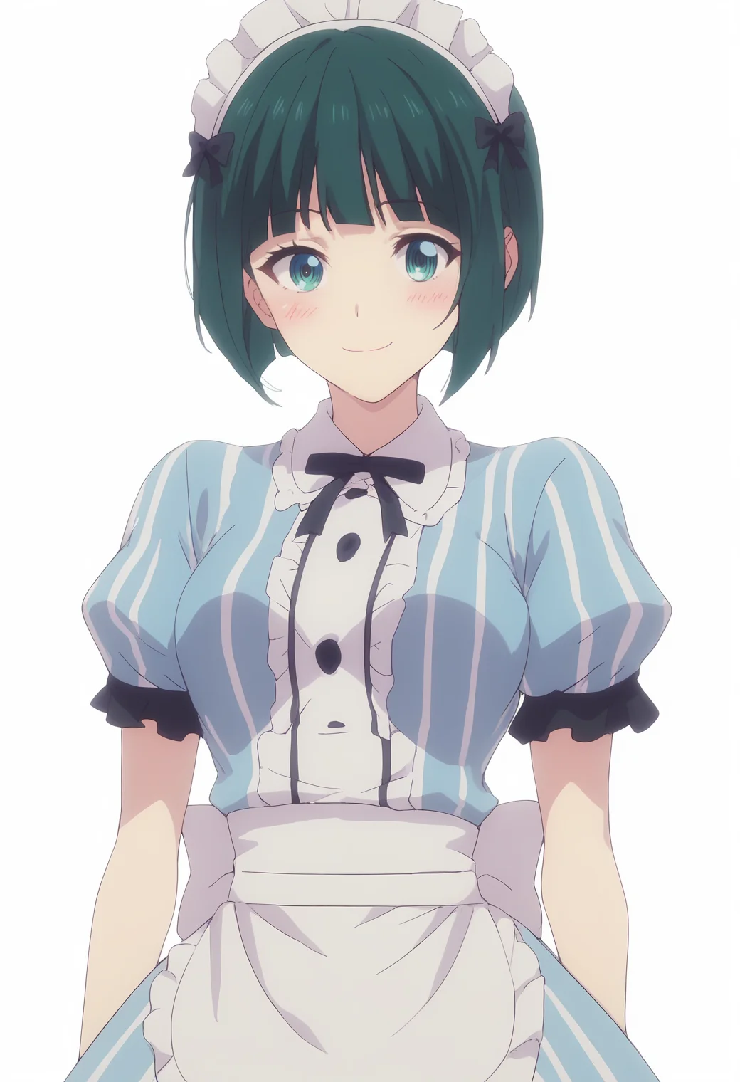 score_9,score_8_up,score_7_up, masterpiece, best quality, white background, 1girl, solo <lora:DX888Shiragiku:1>ono shiragiku, green hair, bob cut, medium breast, waitress, maid headdress, waist apron, striped dress, light smile, blush,