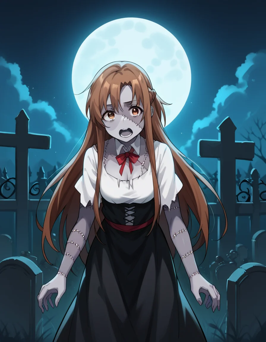score_9, score_8_up, score_7_up, source_anime, asunayuuki, <lora:asuna-yuuki-s1-ponyxl-lora-nochekaiser:1>, asuna yuuki, long hair, brown hair, brown eyes, medium breasts,, <lora:zombie-ponyxl-lora-nochekaiser:1>, zombie, colored skin, stitches, grey skin, multicolored skin, stitched face, zombie pose, halloween, halloween costume,, night, moon, graveyard, tombstone, grave, open mouth,, looking at viewer
