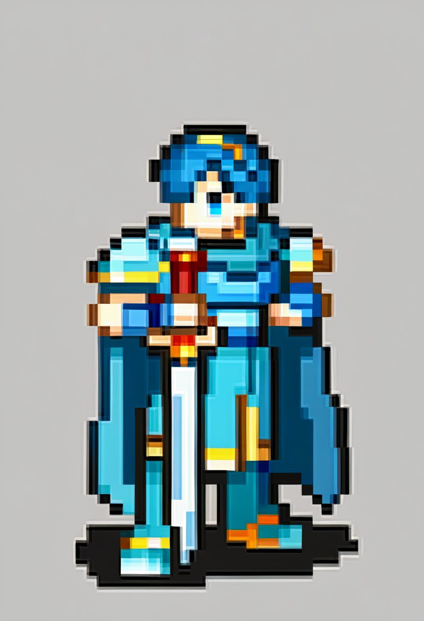 score_9, score_8_up, score_7_up, source_anime, BREAK, solo, 1boy, full body, standing,  <lora:FEGBA-SpritesV2-pdxl_Fp:1>, simple background, pixel art,  <lora:Marth-pdxl_Fp:0.9>, marthfe, blue hair, blue eyes, short hair, tiara, blue tunic, armor, cape, fingerless gloves, holding sword,