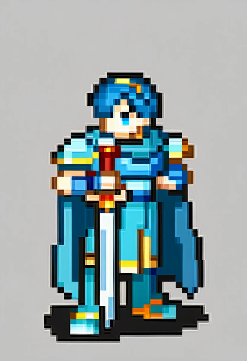 score_9, score_8_up, score_7_up, source_anime, BREAK, solo, 1boy, full body, standing, <lora:FEGBA-SpritesV2-pdxl_Fp:1>, simple background, pixel art, <lora:Marth-pdxl_Fp:0.9>, marthfe, blue hair, blue eyes, short hair, tiara, blue tunic, armor, cape, fingerless gloves, holding sword,
