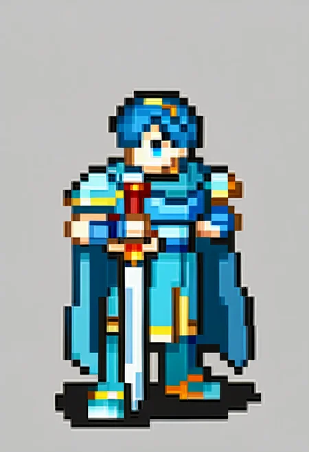 score_9, score_8_up, score_7_up, source_anime, BREAK, solo, 1boy, full body, standing, <lora:FEGBA-SpritesV2-pdxl_Fp:1>, simple background, pixel art, <lora:Marth-pdxl_Fp:0.9>, marthfe, blue hair, blue eyes, short hair, tiara, blue tunic, armor, cape, fingerless gloves, holding sword,