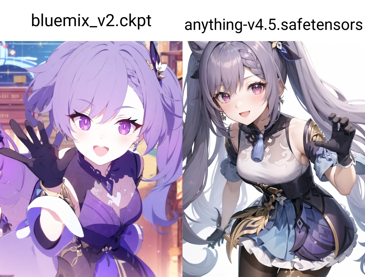keqing \(genshin impact\),<lora:keqingGenshinImpact3in1_v10:1>
full body,
dynamic pose, dynamic angle. :d
portrait, close up,looking at viewer, 
pantyhose, hair bun, purple hair, gloves,((twintails)), long hair, purple eyes, diamond-shaped pupils, bare shoulders, hair ornament, black pantyhose, cone hair bun, detached sleeves,dress, jewelry, medium breasts, earrings, bangs, frills, purple dress, black gloves, braid, skirt, smile, blush,