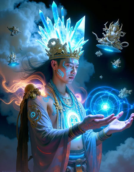 hgjstyle,
A techno-shaman wearing a crystalline headdress that refracts reality, quantum probability clouds swirling as ceremonial robes, hands manipulating holographic ancient symbols, cybernetic tribal markings pulsing with data streams, floating technological totems orbiting their body, in the style of Android Jones meets traditional Tibetan thangka art, medium shot with dramatic side lighting, kdny_body_flux