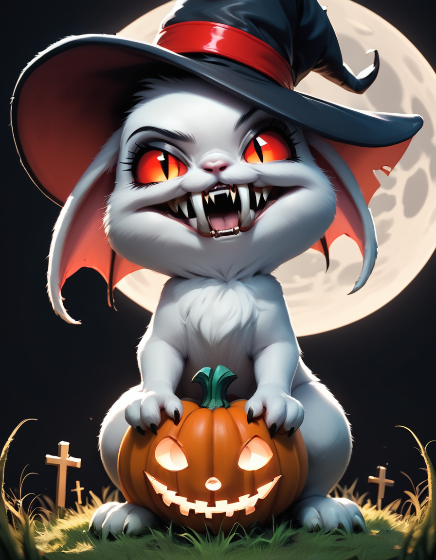 score_9, score_8_up, score_7_up, the cutest little (vampire:1.6) bunny rabbits, big fangs, grass, full moon, grave black hat, pumpkin, cross, black background, plain background
