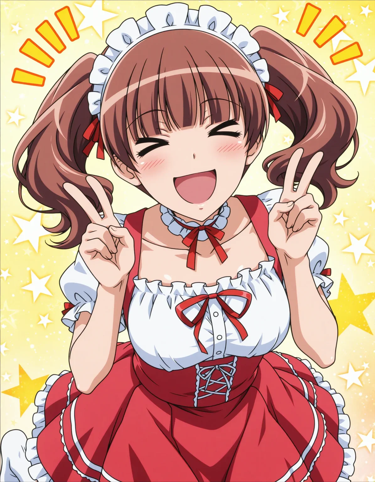 1girl,solo,anime screencap,kaichou wa maid-sama!,
<lora:hanazono_sakura_kaimei_v1_IL:0.8>,hanazono_sakura,bangs,blunt bangs,twintails,brown hair,breasts,collarbone, white shirt, short sleeves, frills, frilled choker, red ribbon,headdress,suspender skirt,frilled skirt,underbust, puffy sleeves, curly hair,white socks,kneehighs,pink skirt,red skirt,red neck ribbon, 
<lora:dmd2_sdxl_4step:1>,smile,open mouth,facing viewer, double v,hand up,>_<,upper body, portrait, notice lines,happy, star symbol background