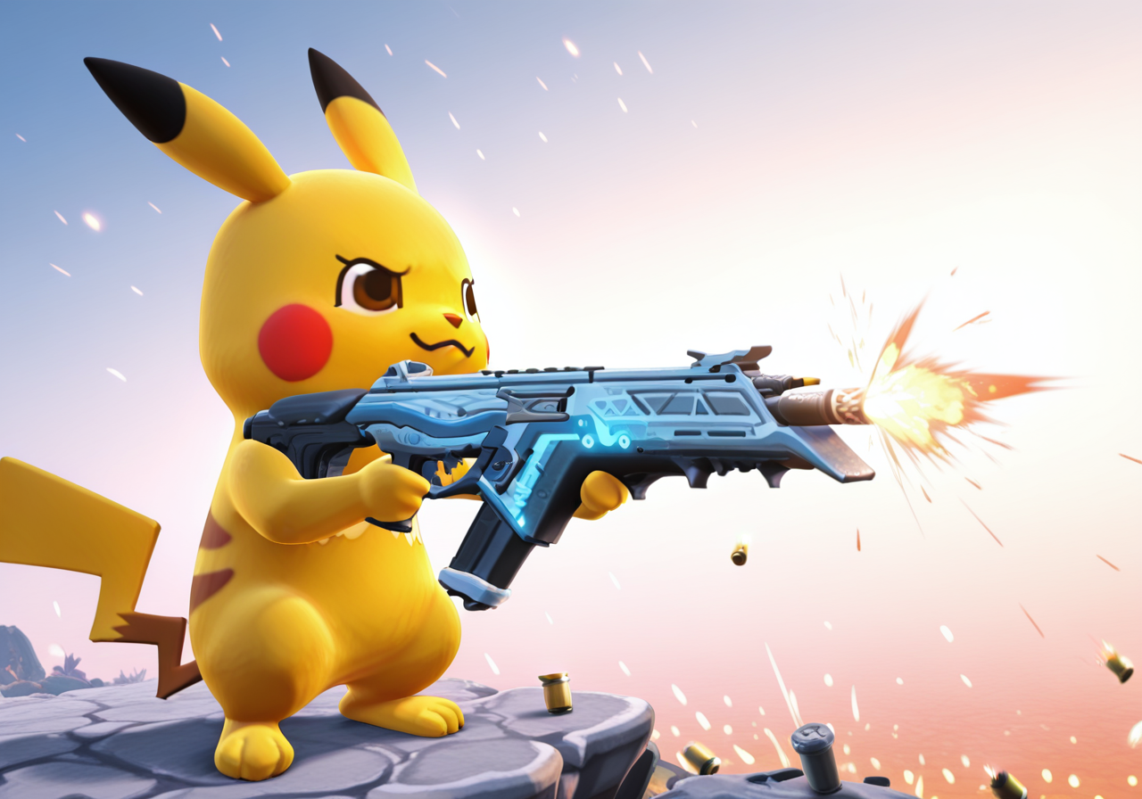 masterpiece, best quality, amazing quality, very aesthetic, absurdres, newest, animal crossing style, 3d, pikachu, firing_gun, r-301 carbine_\(assault rifle\), assault_rifle, muzzle_flash, bullet_casings, recoil, sparks, intense_action, small_character_holding_large_weapon, dynamic_pose, dramatic_lighting, battlefield_smoke, glowing_embers, neon_glow, wild_expression, exaggerated_recoil, cinematic_composition, motion_blur, solo,<lora:r-301_carbine_assault_rifle.safetensors:1.0:1.0> <lora:animal crossing style_3d_ill.safetensors:1:1>