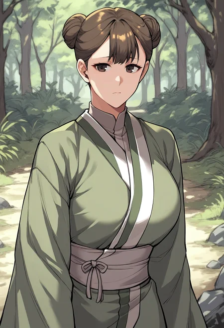 score_9, score_8_up, score_7_up, score_6_up, source_anime, rating_explicit, 1girl, (solo:1.1), huge breasts, <lora:Hang-a prefectPonyxl:0.85> double bun, brown hair, black eyes, brown eyes, short hair, green kimono, turtleneck shirt, japanese clothes, sash, long sleeves, wide sleeves, expressionless, forest, outdoors, looking at viewer