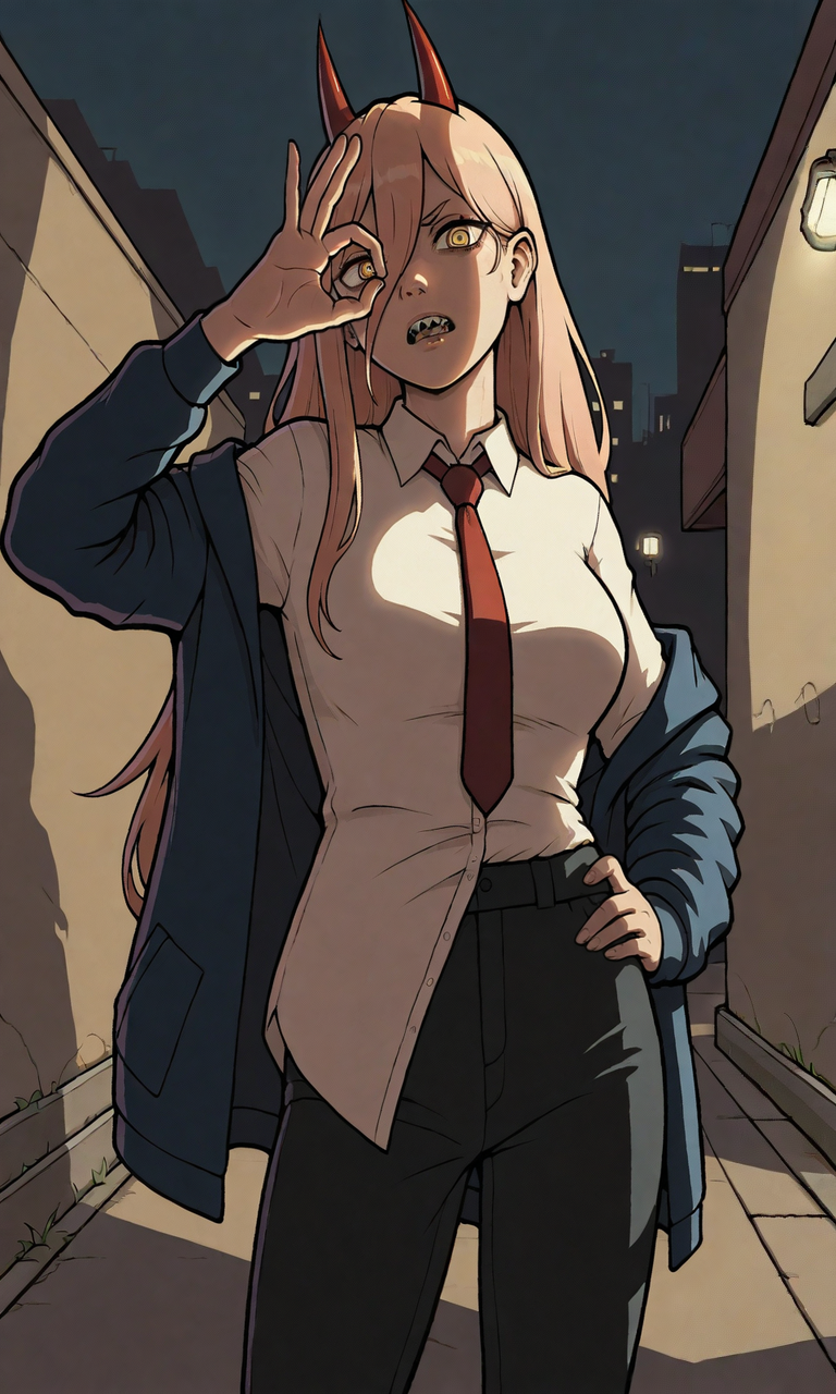 embedding:IllusP0s, GTASA-LS-ILV1.0, ok sign over eye, power_\(chainsaw_man\), horns, yellow eyes, sharp teeth, parted lip, white shirt, blue jacket, off-shoulder, red tie, half untucked shirt, black pants, one hand on hip, contrast lighting, outdoors, night,<lora:GTA_SA_Style_-_IL-000014.safetensors:1.0:1.0>