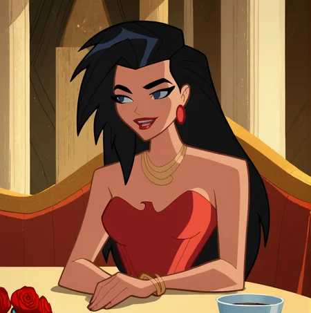 score_9, score_8_up, score_7_up, score_6_up, score_5_up, score_4_up, <lora:wonderwomanjusticeleagueaction_pony:1>, wonderwomanjla, 1girl, solo, long hair, breasts, smile, open mouth, black hair, dress, holding, bare shoulders, jewelry, flower, earrings, necklace, bracelet, cup, looking to the side, strapless, makeup, rose, red dress, table, red flower, strapless dress, red rose, holding flower, red lips