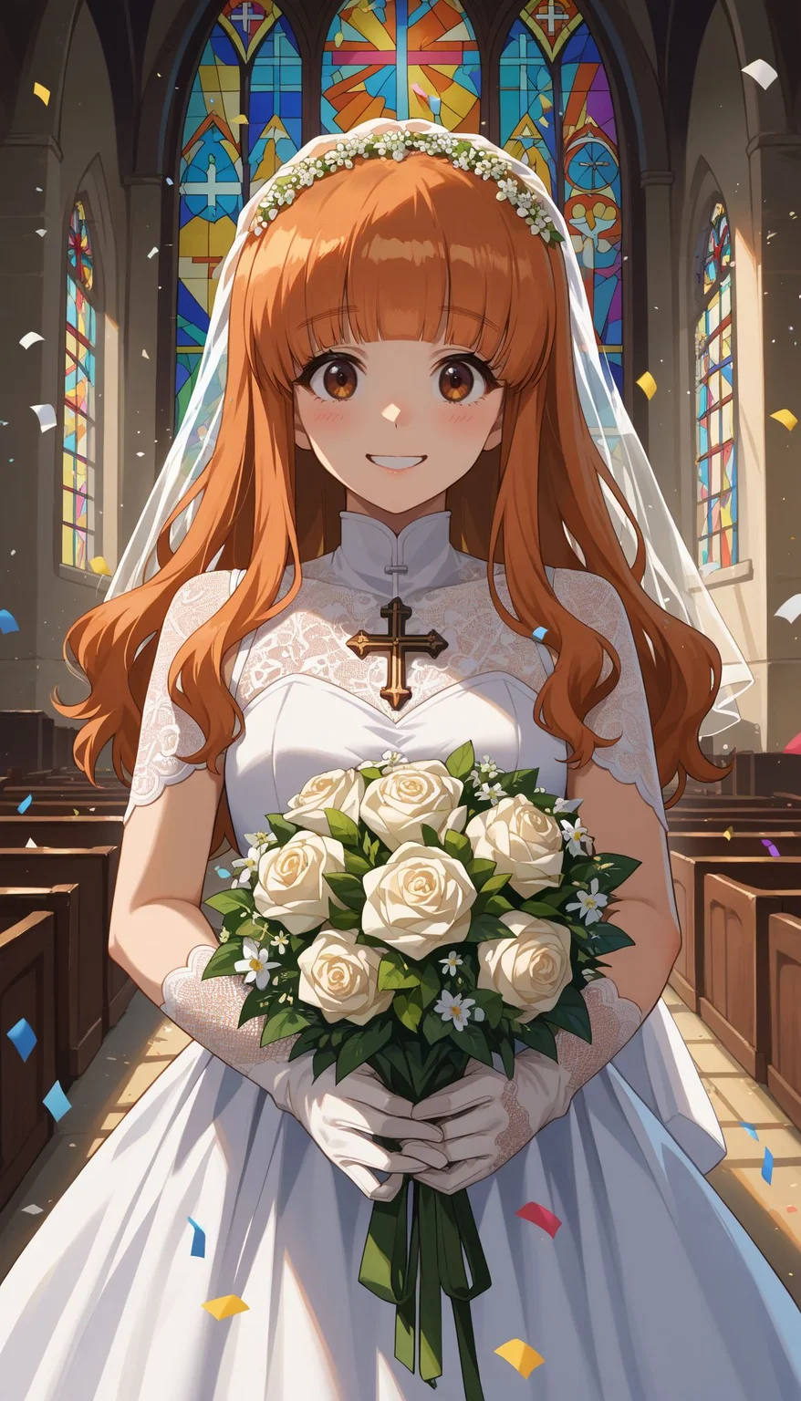 score_9, score_8_up, score_7_up, source_anime,
<lora:Takebe Saori:1> takebe saori, blunt bangs, long hair, orange hair,
indoors, church, stained glass, whie veil, laced gloves, upper body, close portrait church, holding bouquet, (confetti:1.1), smile, white dress, wedding dress, church, holding bouquet, (confetti:1.1)