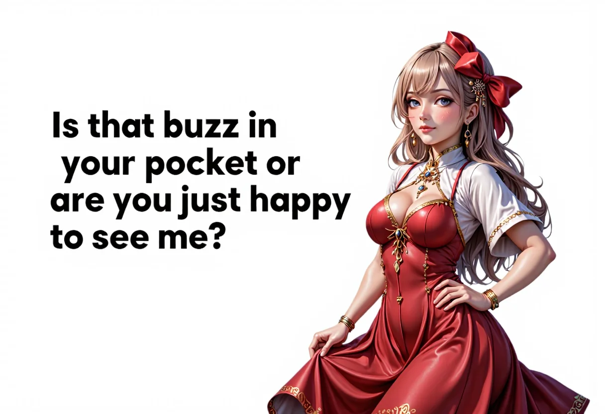 girl dressed in red and white at the right side, overlay text on the left side that says: Is that buzz in your pocket or are you just happy to see me?