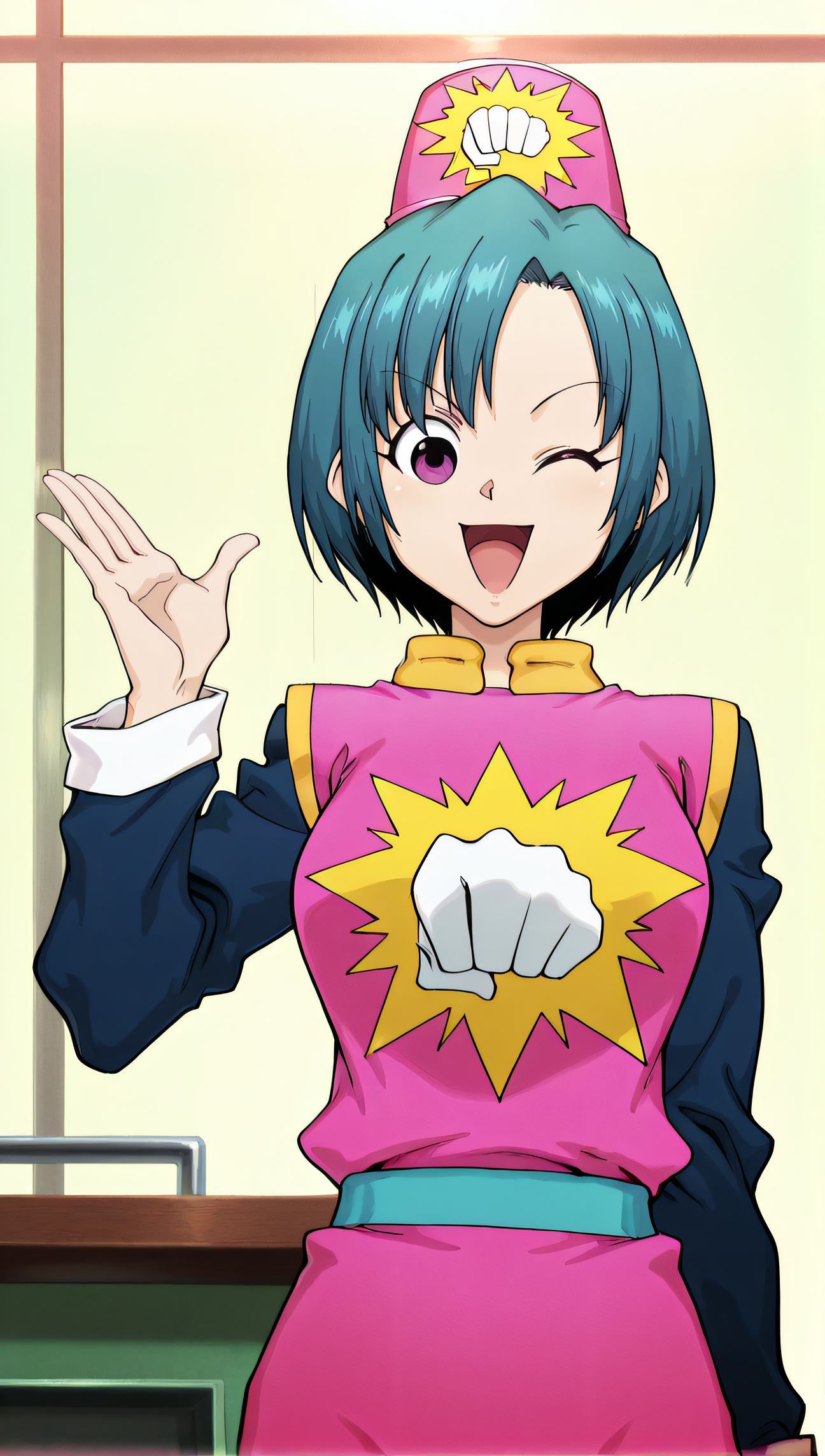 masterpiece, best quality, highres, newest, 1girl, solo, official style, anime screncap, <lora:Heavens_Arena_Employees:1>, hxhreceptionist, aqua hair, purple eyes, short hair, pink hat, pink uniform, raglan sleeves, looking at viewer, smile, indoor, cowboy shot, hand up, one eye closed, open mouth, centered image
