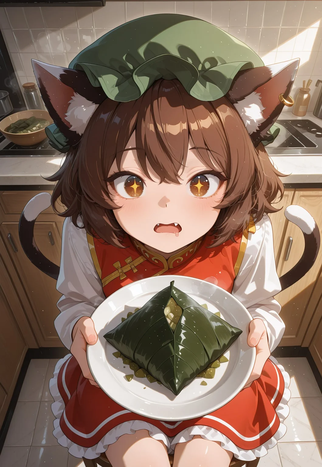 chen, 1girl, solo, brown hair, short hair, brown eyes, cat tail, two tails, cat ears, fang, mob cap, green hat, single earring, red dress, hungry, drool, looking at food, zongzi, chimaki, steam, hands on plate, + +, sitting on stool, looking at food, kitchen counter, dynamic pose, close up, soft shadows, vivid, perspective, masterpiece, best quality, amazing quality, intricate detail, highly detailed, newest, highres, 8K, HDR, best quality, absurdres, dynamic composition, foreshortening
