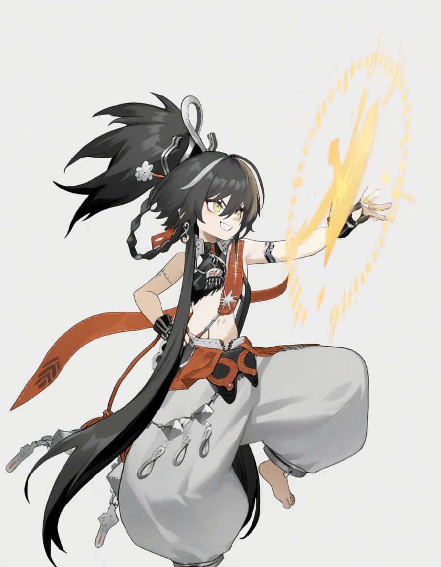 <lora:mofei_noob2:1>,anotherstyle,mofei,solo,smile,black hair,hand on hip,jewelry,outstretched arm,barefoot,yellow eyes,simple background,full body,long hair,multicolored hair,very long hair,white background,1girl,hair between eyes,grin,pants,hair ornament,earrings,ponytail,standing,white hair,chain,
masterpiece,best quality,very aesthetic,absurdres,