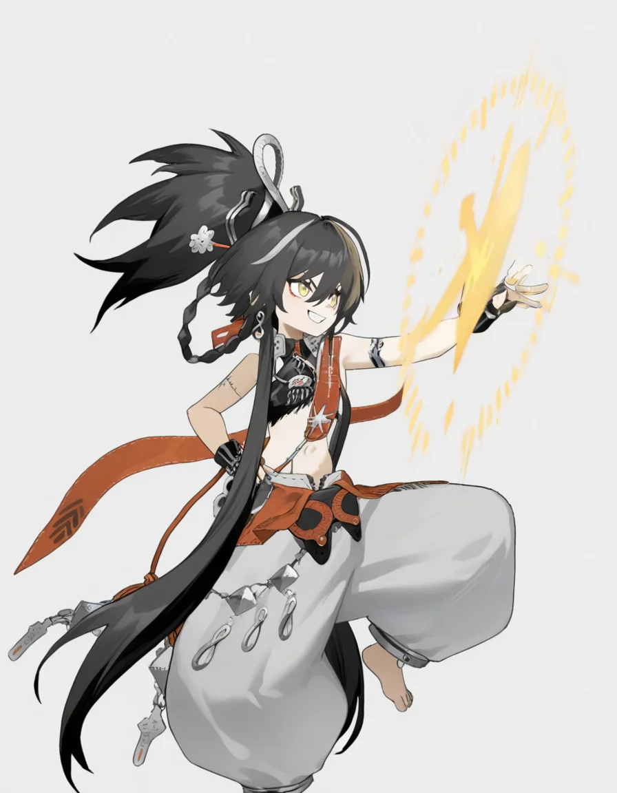 <lora:mofei_noob2:1>,anotherstyle,mofei,solo,smile,black hair,hand on hip,jewelry,outstretched arm,barefoot,yellow eyes,simple background,full body,long hair,multicolored hair,very long hair,white background,1girl,hair between eyes,grin,pants,hair ornament,earrings,ponytail,standing,white hair,chain,
masterpiece,best quality,very aesthetic,absurdres,