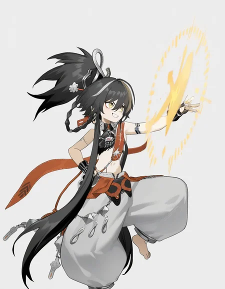 <lora:mofei_noob2:1>,anotherstyle,mofei,solo,smile,black hair,hand on hip,jewelry,outstretched arm,barefoot,yellow eyes,simple background,full body,long hair,multicolored hair,very long hair,white background,1girl,hair between eyes,grin,pants,hair ornament,earrings,ponytail,standing,white hair,chain,
masterpiece,best quality,very aesthetic,absurdres,