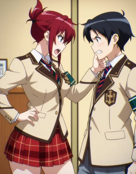 <lora:sakurai-aoi-illustrious-000003:1> 1girl, sakuraiaoi, blazer, striped necktie, plaid skirt, 1boy, naotaka, arguing, face-to-face, indoors, masterpiece, best quality