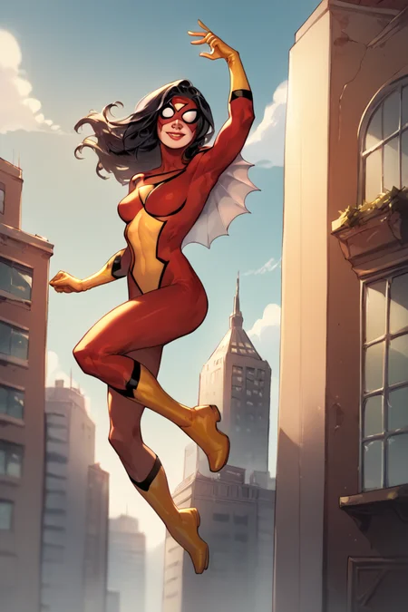 score_9, score_8_up, score_7_up, sw_jessicadrew, 1girl, solo, long hair, black hair, lipstick, white lenses, covered eyes, domino mask, superhero, red bodysuit, yellow gloves, yellow boots, cowboy shot, smile, building, city, skyscraper, flying <lora:Spider-Woman (Jessica Drew) SDXL_LoRA_10r_5e_100i_nr32_a16_Pony Diffusion V6 XL_640x960:0.8> <lora:Anime Style LoRA XL:1>