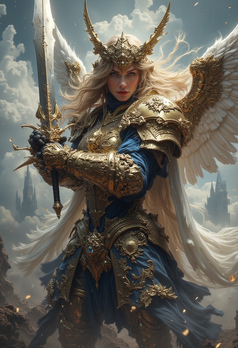 "A stunning angelic blonde knight, in golden and blue armor, wearing a helmet that contains diamonds, blue eyes, red lips.
She is wielding a sword with two shining blades,
she is in a dynamic pose.
The setting is outdoors in the middle of a large plain with a large lake in the background where time is like twilight
scifi, Revelation Space series, Pattern Jugglers, Nostalgia for Infinity, black and gold ocean planet, Scorp the hyperpig, Conjoiner settlements, with such advanced technology that it might as well be magic,
A sleek, titanium-hulled spaceship, dubbed 'Warp Drive Vessel,' hurtles through the cosmos with a streamlined design and industrial-inspired flair. Mud flaps on its underside add a rugged touch to its otherwise polished appearance, glistening under the soft glow of nearby stars."