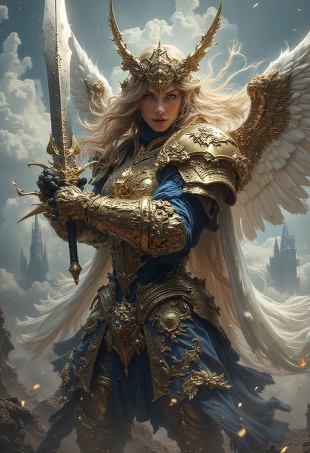 "A stunning angelic blonde knight, in golden and blue armor, wearing a helmet that contains diamonds, blue eyes, red lips.
She is wielding a sword with two shining blades,
she is in a dynamic pose.
The setting is outdoors in the middle of a large plain with a large lake in the background where time is like twilight
scifi, Revelation Space series, Pattern Jugglers, Nostalgia for Infinity, black and gold ocean planet, Scorp the hyperpig, Conjoiner settlements, with such advanced technology that it might as well be magic,
A sleek, titanium-hulled spaceship, dubbed 'Warp Drive Vessel,' hurtles through the cosmos with a streamlined design and industrial-inspired flair. Mud flaps on its underside add a rugged touch to its otherwise polished appearance, glistening under the soft glow of nearby stars."